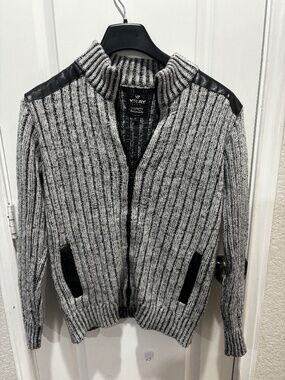 XRAY Jeans Full-Zip Marble Gray Mock Neck Knit Sweater Jacket with Faux Leather